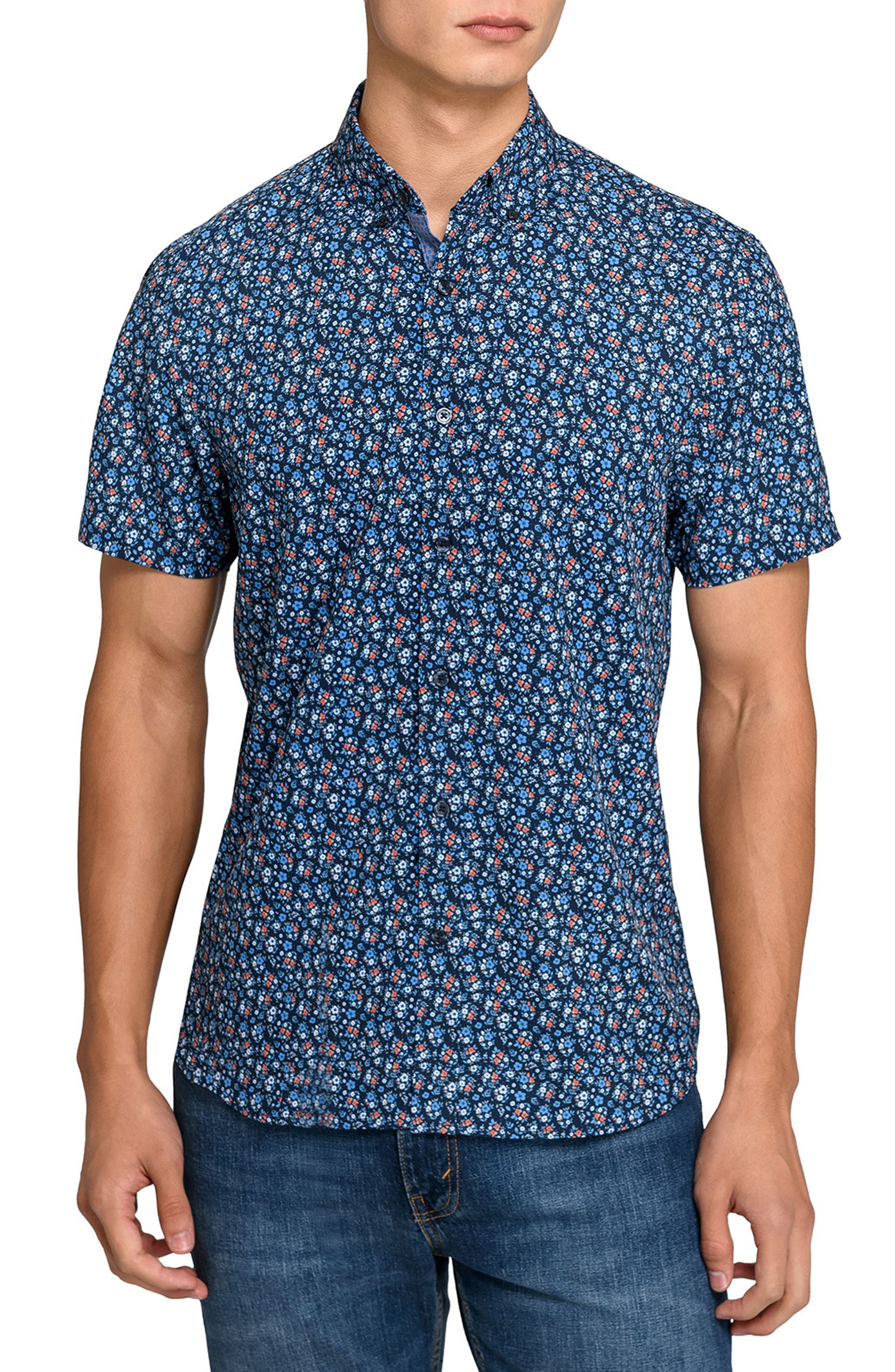 Construct Amber Floral Woven Short Sleeve Basic In Blue