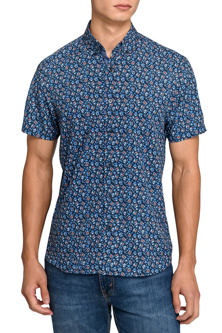 Amber Floral Woven Short Sleeve Basic, Main, color, NAVY/RED
