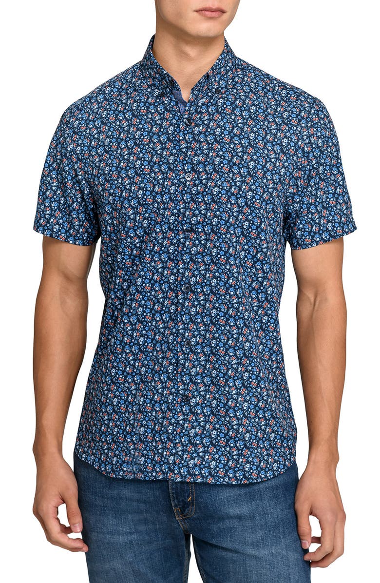 CONSTRUCT Amber Floral Woven Short Sleeve Basic, Main, color, Navy/Red