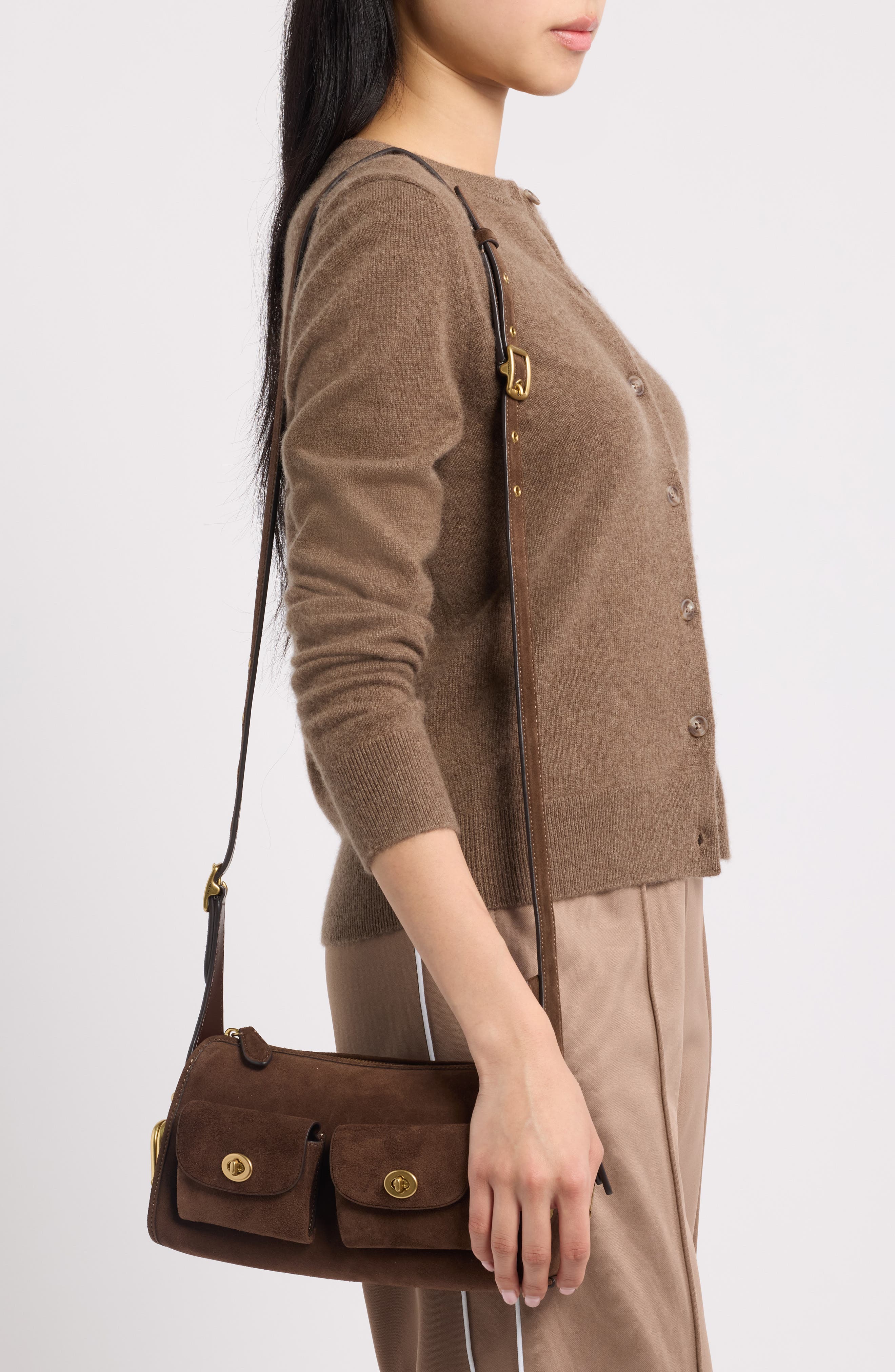 Turnlock Haversack Suede Shoulder Bag, Alternate, color, B4/ DARK CHOCOLATE