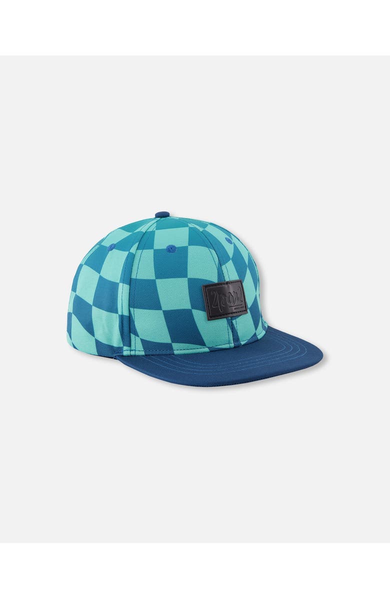 Deux par Deux Flat Brim Printed Checkerboard Cap, Main, color, Teal Printed Checkerboard