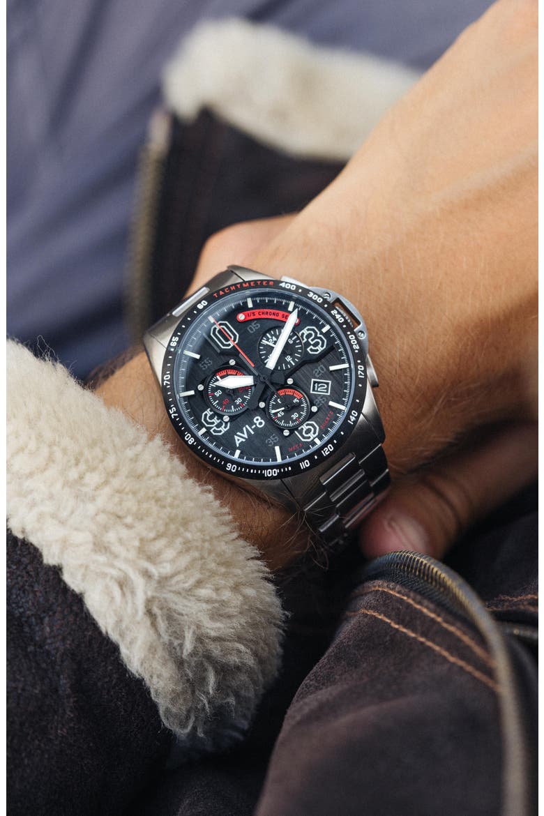 P-51 Mustang Blakeslee Chronograph Bracelet Watch, 43mm, Alternate, color, BLACK