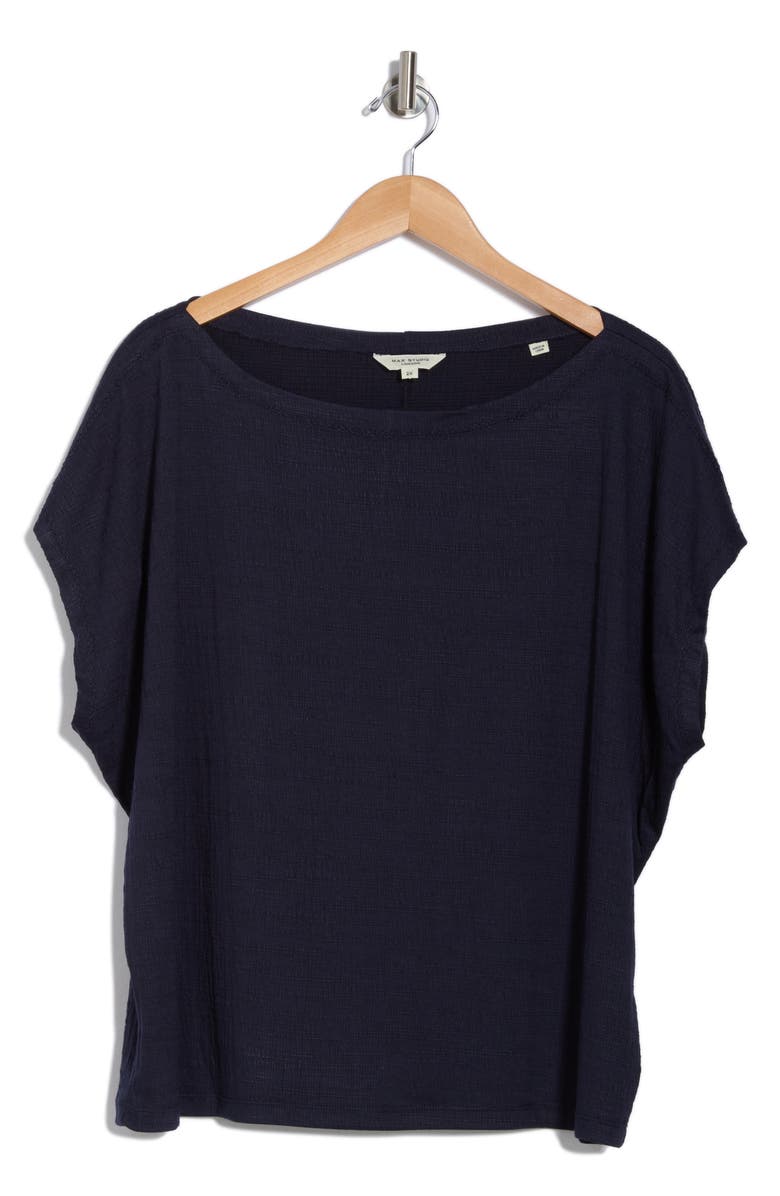 MAX STUDIO Embroidered Boat Neck Cap Sleeve T-Shirt, Alternate, color, Navy