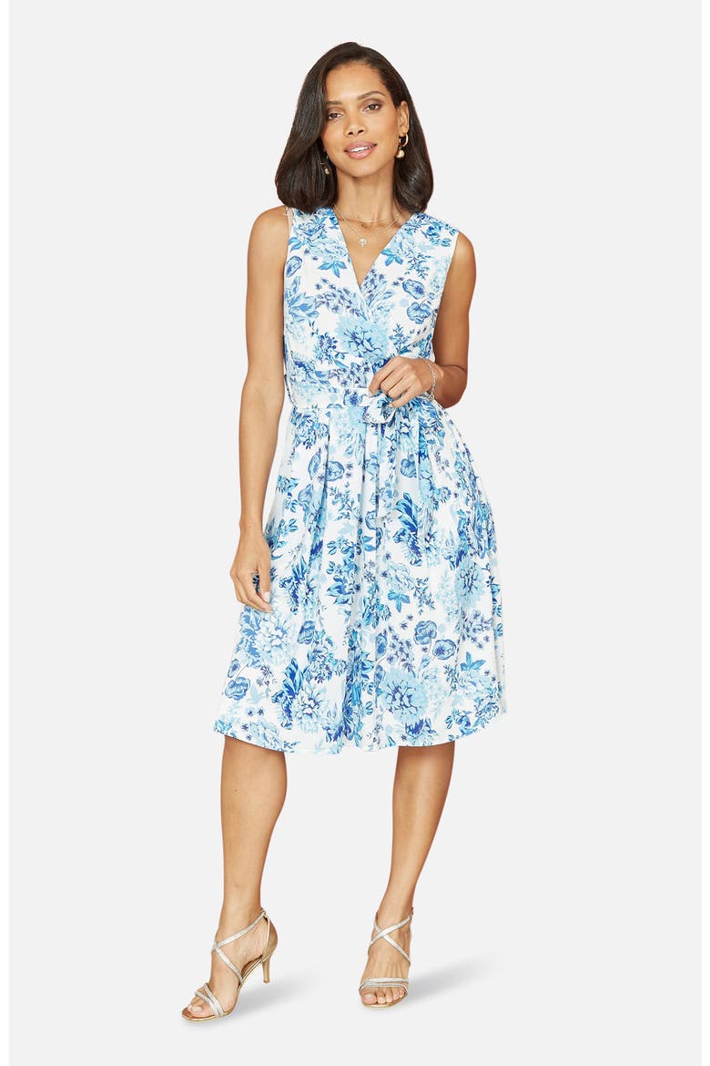 Floral Wrap Over Skater Dress, Main, color, Blue