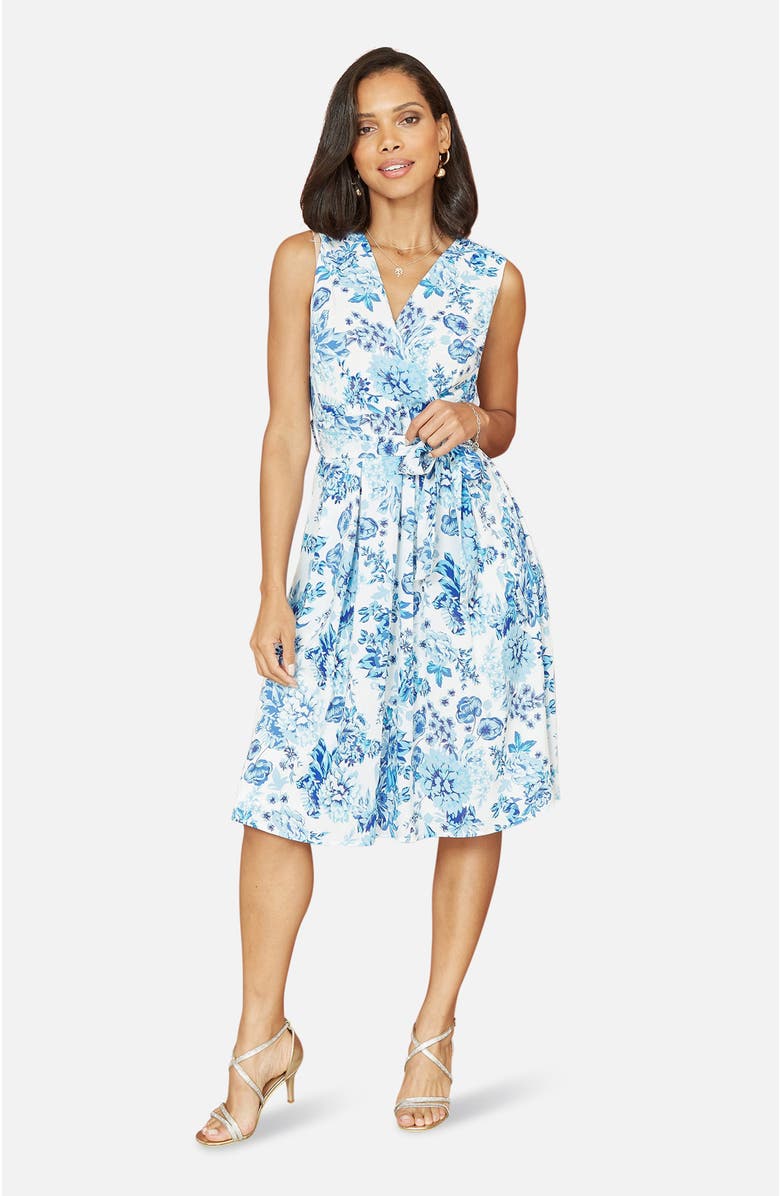 Yumi Floral Wrap Over Skater Dress, Main, color, Blue