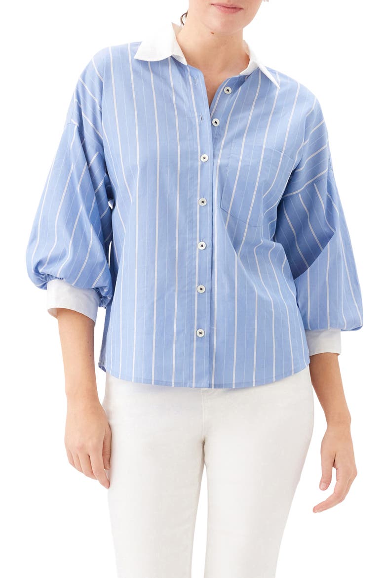 Stripe Lantern Sleeve Cotton Shirt, Main, color, BLUE WITH OFF WHITE