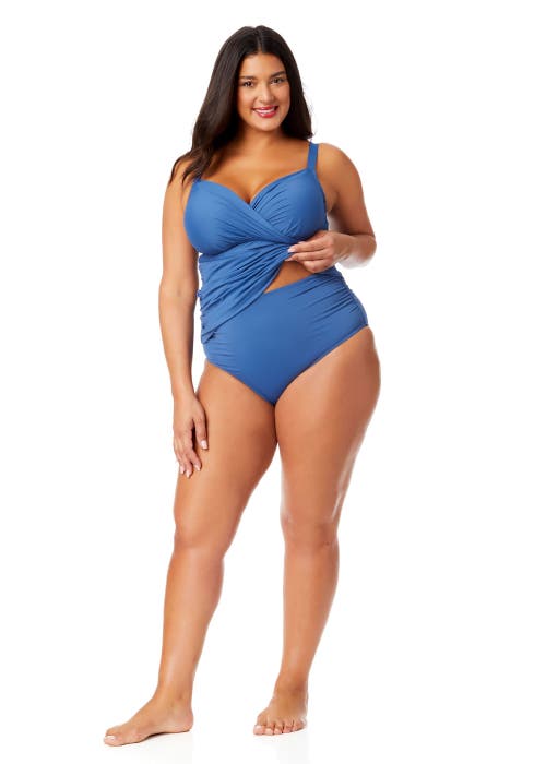 Anne Cole Plus Plus Gradient Floral Twist Front Underwire Tankini Swim Top In Slate Blue