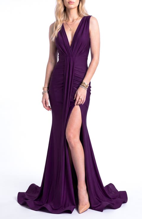 Plunging V-Neck Draped Mermaid Gown