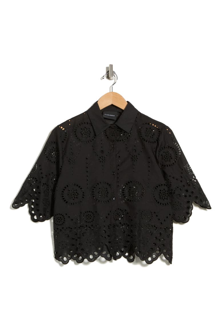 Eyelet Button Front Top, Alternate, color, BLACK