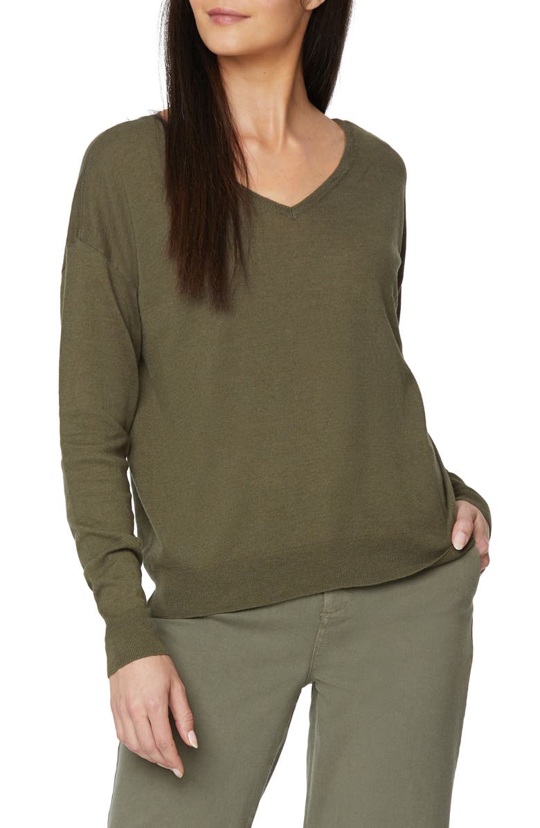 NYDJ Double V-Neck Linen Blend Sweater, Main, color, Moss