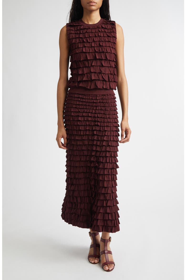 Mimi Ruffle Midi Skirt, Alternate, color, CLARET