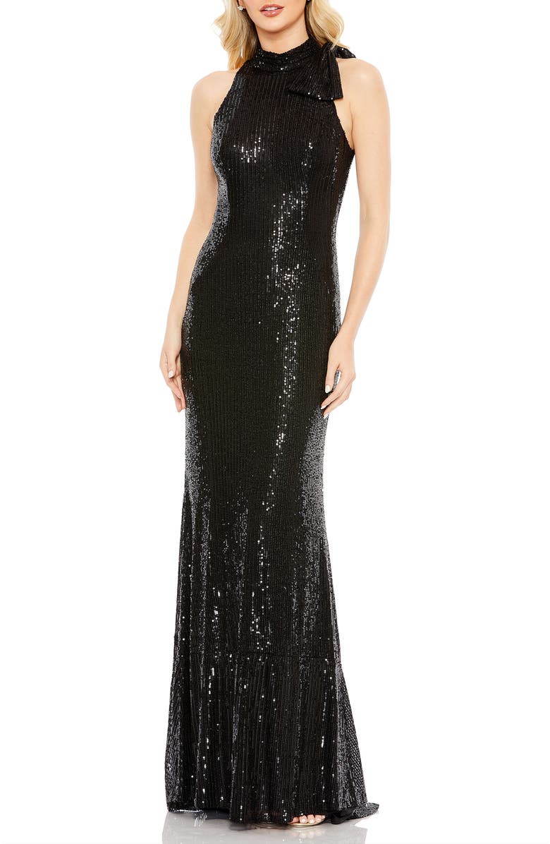 Mac Duggal Women's Sequined Soft Tie Halter Neck Column Gown, Main, color, Black