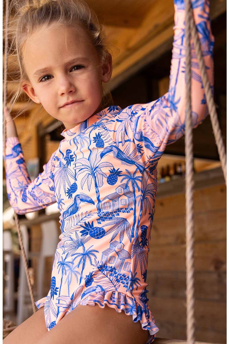 Kids' Tropicana Vacay Long Sleeve One-Piece Rasguard Swimsuit, Alternate, color, ORANGE / BLUE