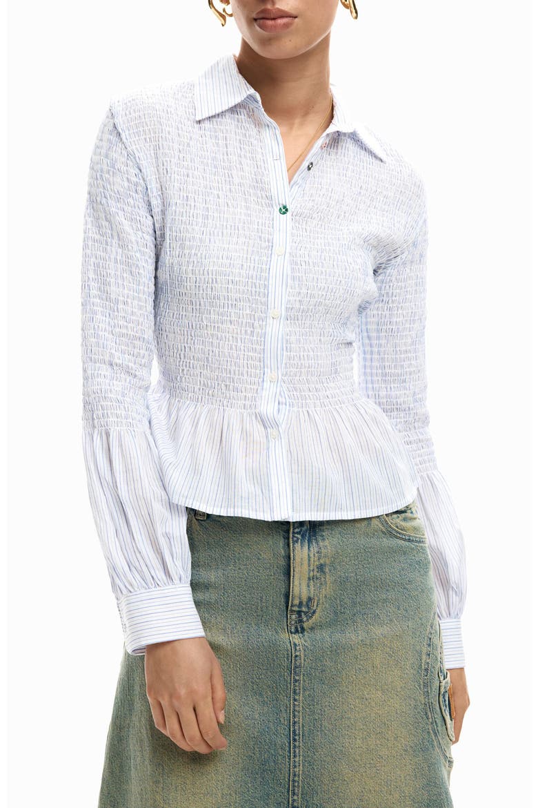 Stripe Smocked Peplum Cotton Blend Button-Up Shirt, Main, color, MEDIUM BEIGE