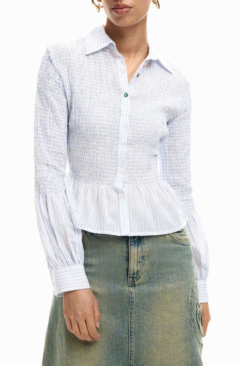 Stripe Smocked Peplum Cotton Blend Button-Up Shirt