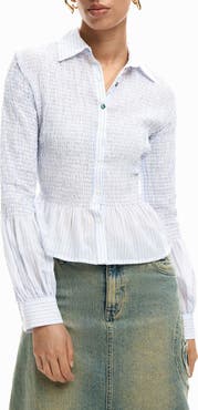 Desigual Stripe Smocked Peplum Cotton Blend Button-Up Shirt