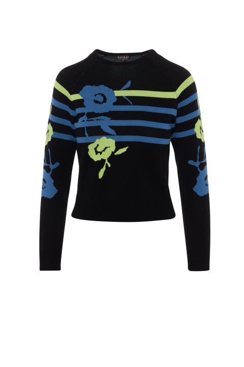 Ladies Striped Knit Pullover Sweater with Floral Print
