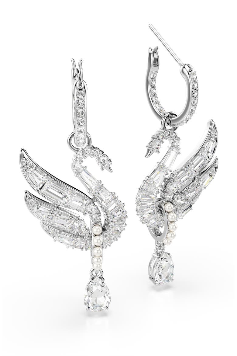 Swan Crystal & Faux Pearl Drop Earrings, Alternate, color, WHITE/ SILVER