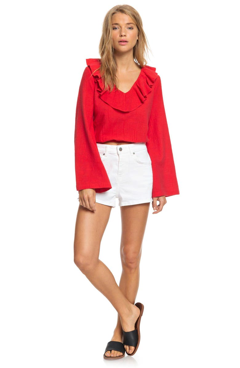 Roxy Paradise Is You Ruffle Trim Bell Sleeve Crop Top, Alternate, color,