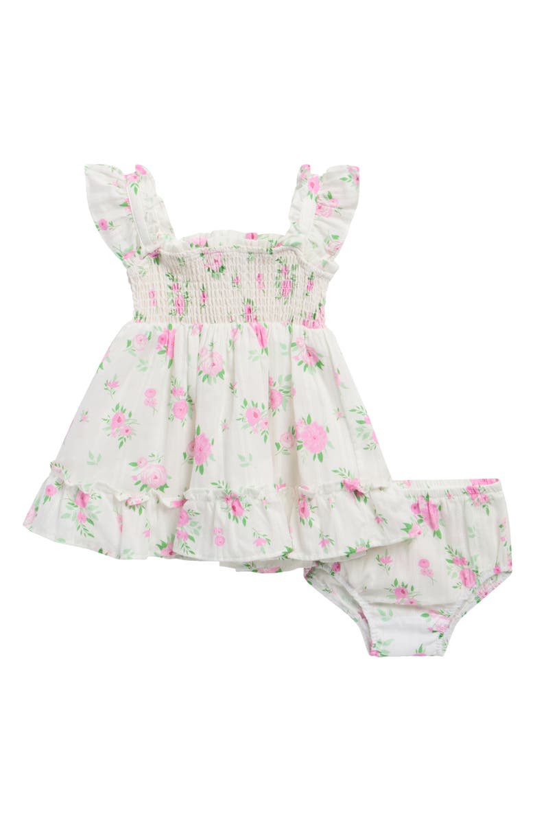 Rare Editions Floral Gauze Smocked Dress & Bloomers, Main, color, White
