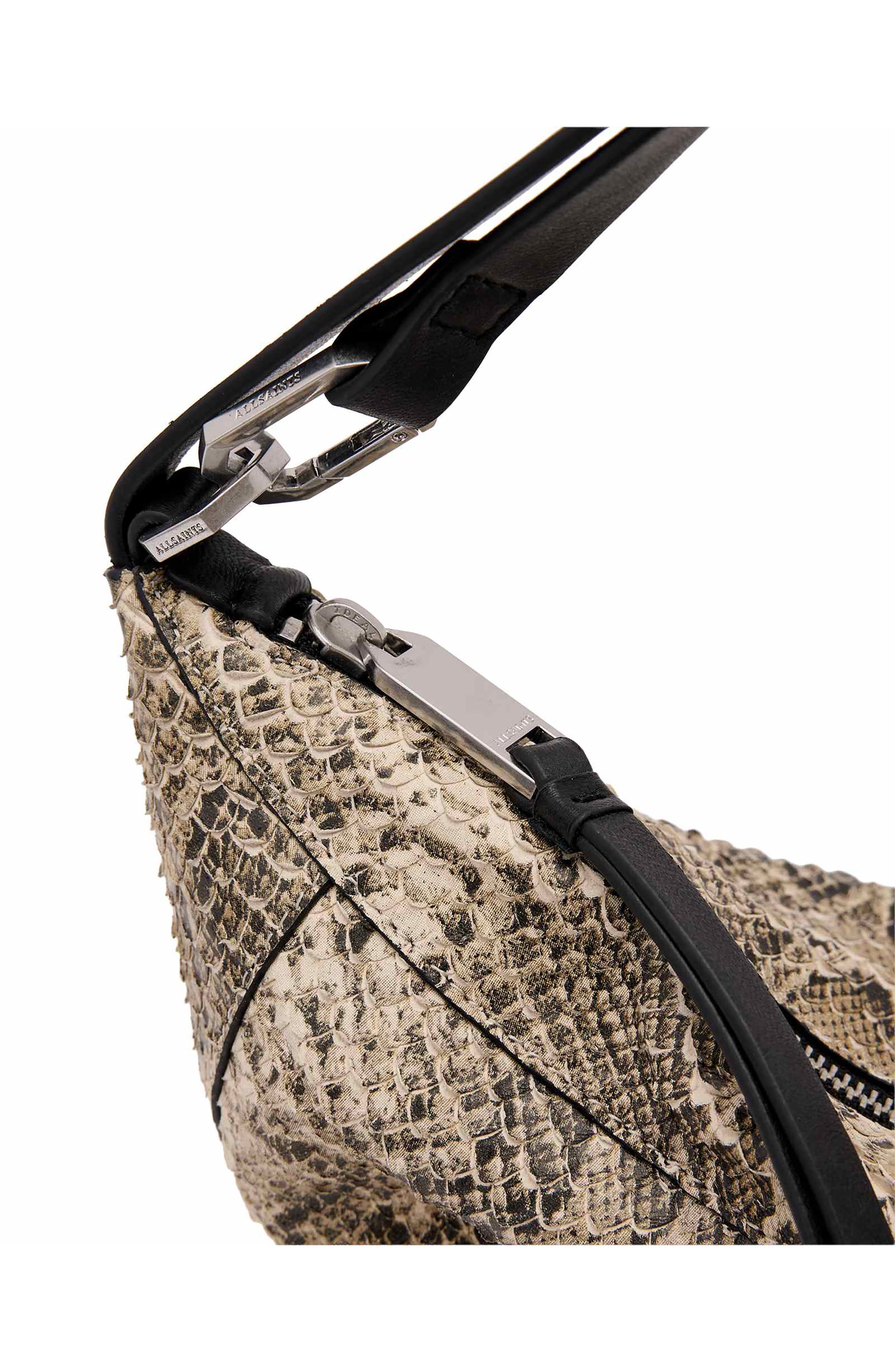AllSaints Mirco Luna Snakeskin Embossed Leather Shoulder Bag, Alternate, color, Desert White