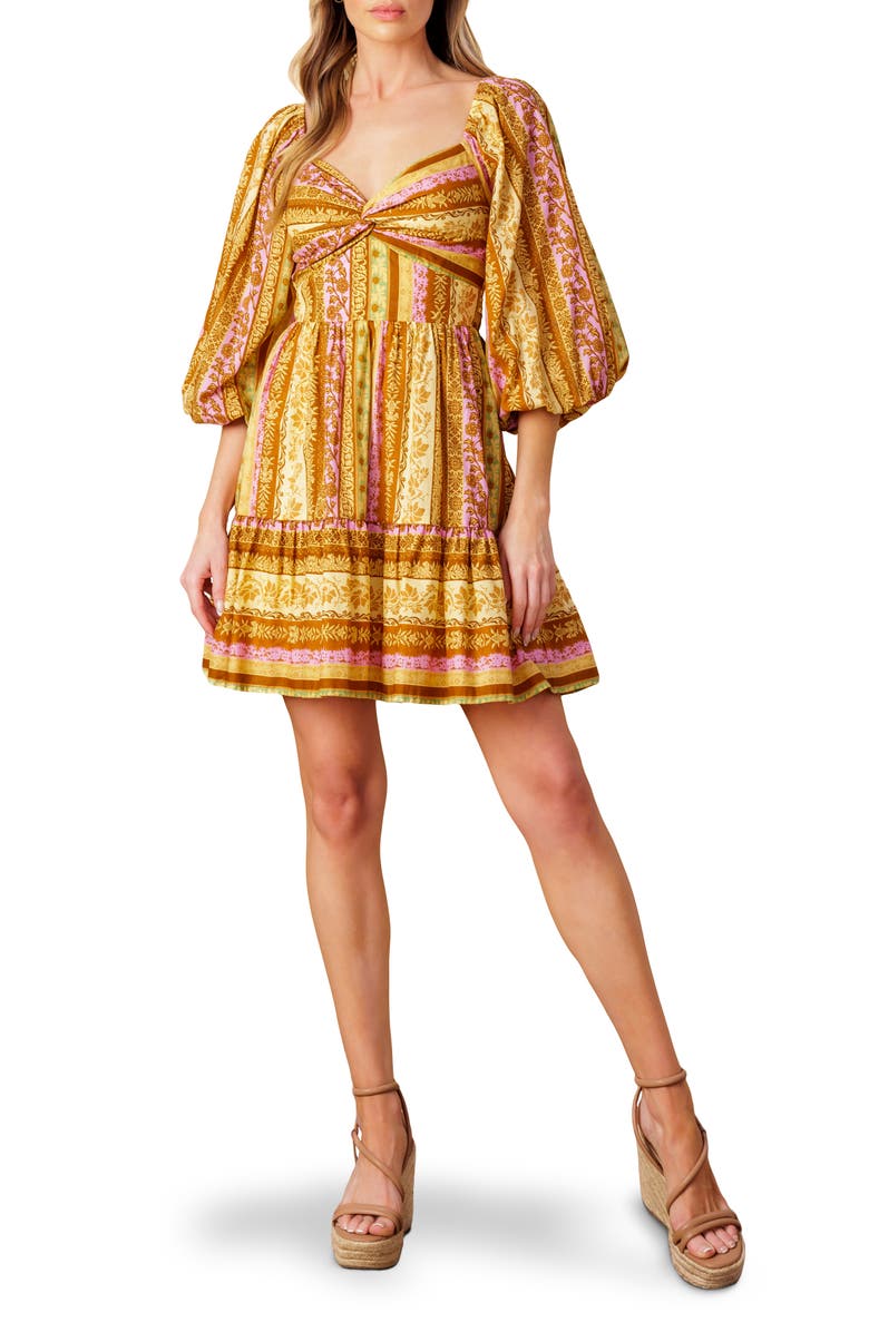 FLYING TOMATO Puff Sleeve Print Minidress, Main, color, Brown Lavender