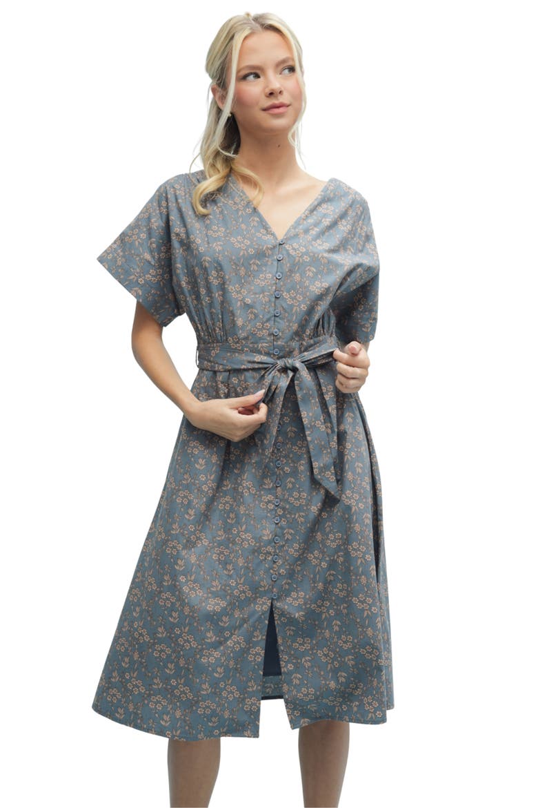Floral Cotton Midi Dress, Alternate, color, TEAL/ MOCHA