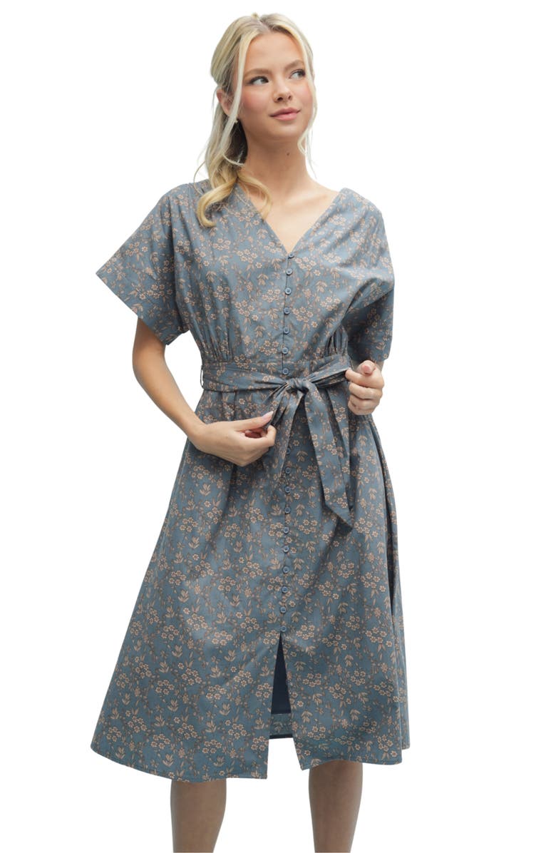 WISHLIST Floral Cotton Midi Dress, Alternate, color, Teal/ Mocha