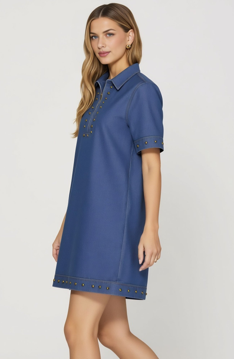 Modenaire Denim Studded Half Zip Mini Dress with Collar and Short Sleeves, Alternate, color, Blue