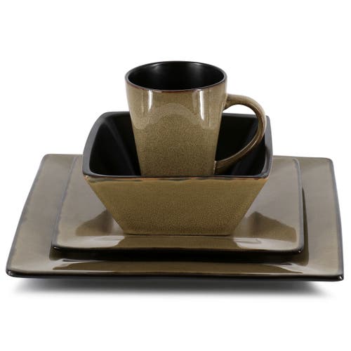 Gibson Elite Kiesling 16 Piece Hard Square Stoneware Dinnerware Set In Brown