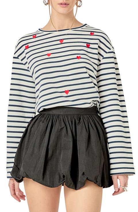 Heart Embroidered Stripe Cotton Top