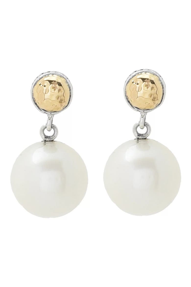 Sterling Silver & 18k Gold South Sea Pearl Drop Earrings, Main, color, WHITE