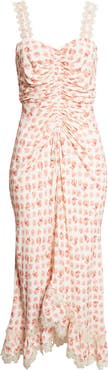 Cinq à Sept Stevie Ikat Roses Ruched Sleeveless Midi Dress