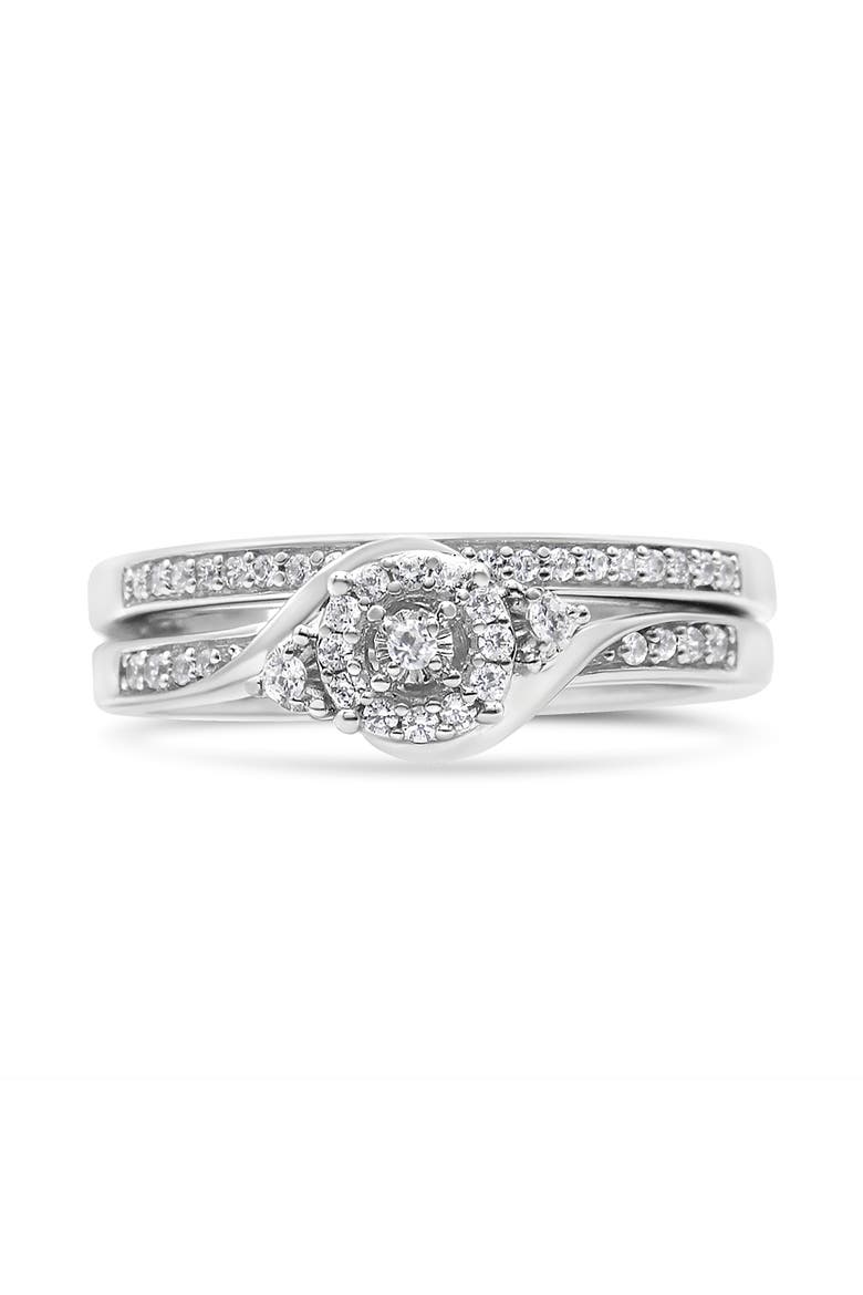 Silver 1/4 Cttw Diamond Halo and Swirl Engagement Ring and Wedding Band Set, Alternate, color, White
