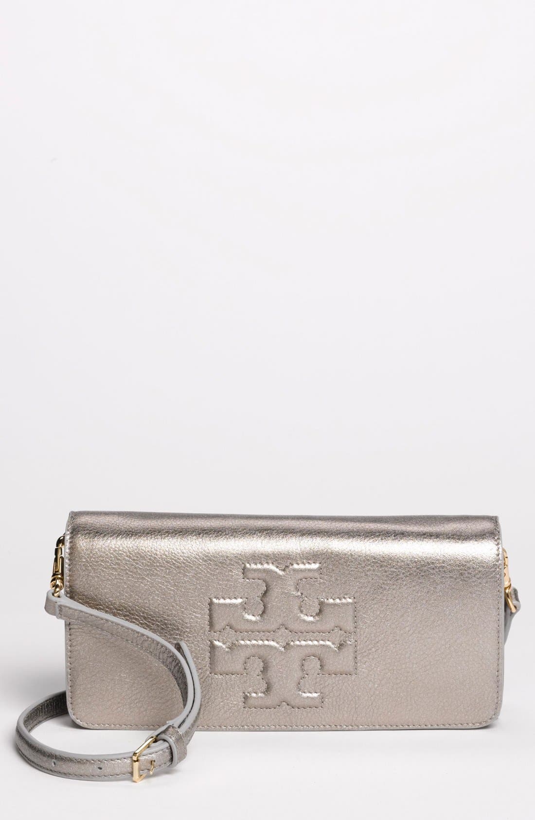 'Thea Bombe' Metallic Leather Clutch, Main, color, GUNMETAL