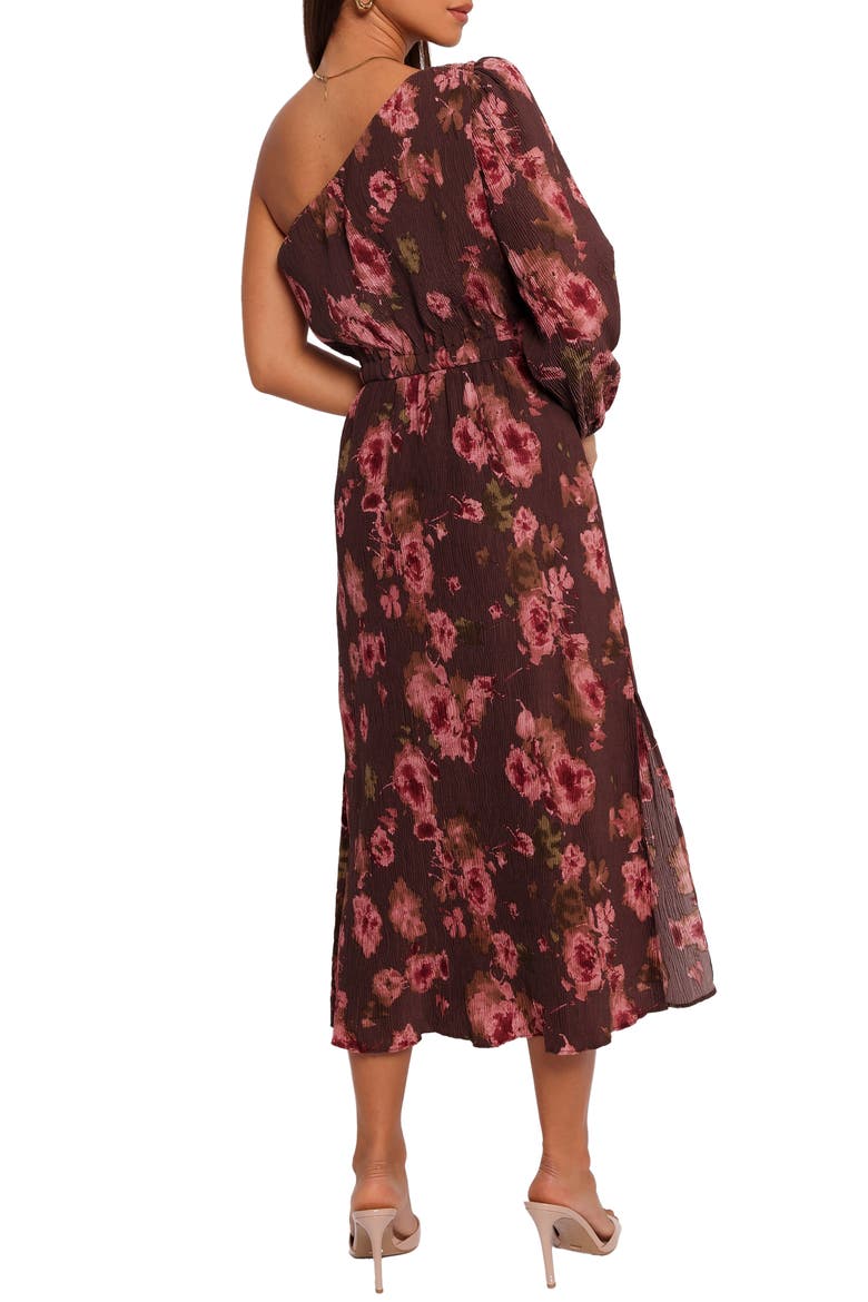 Floral One-Shoulder Plissé Midi Dress, Alternate, color, CHOCOLATE BROWN