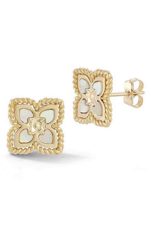 14K Gold Mother-of-Pearl Clover Stud Earrings