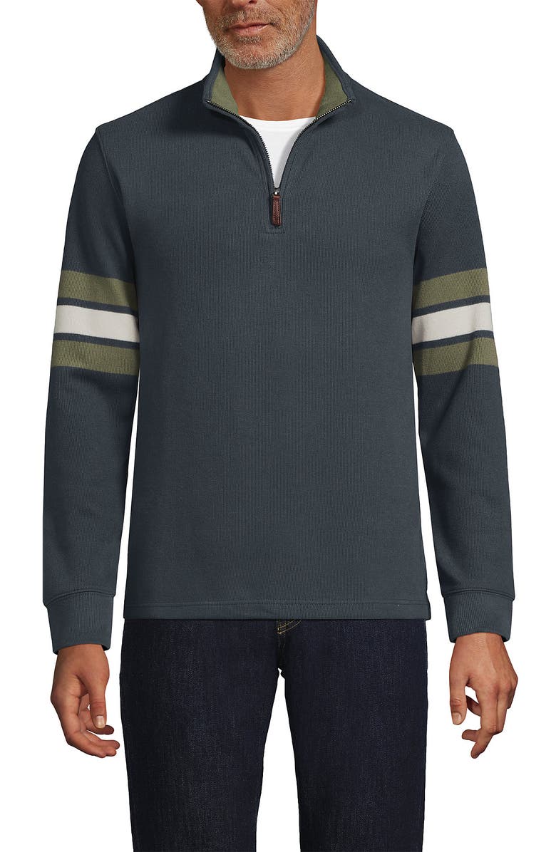Lands' End Bedford Rib Casual Quarter Zip Sweater, Main, color, Steel Gray Placed Stripe
