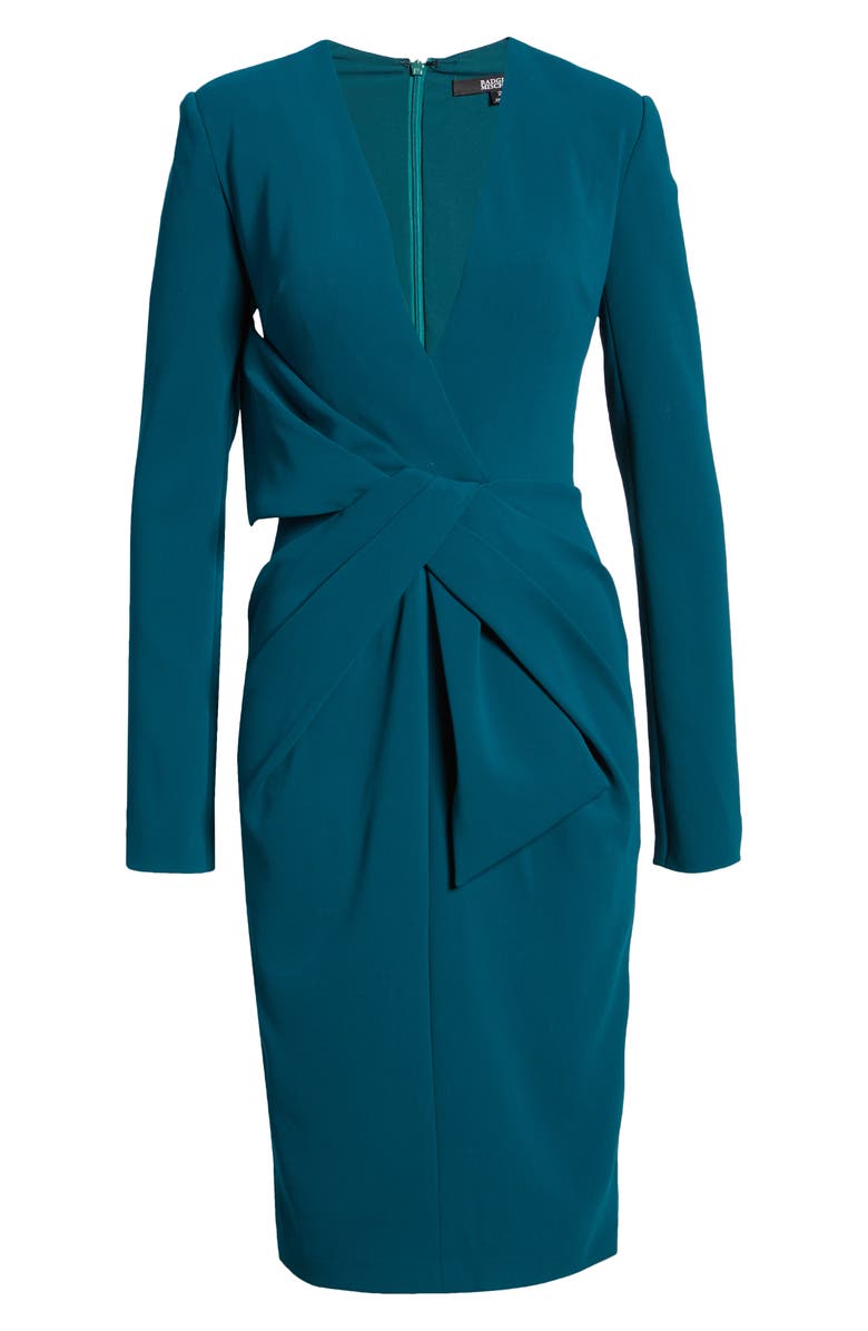 Badgley Mischka Collection Asymmetrical Bow Waist Long Sleeve Dress, Alternate, color,