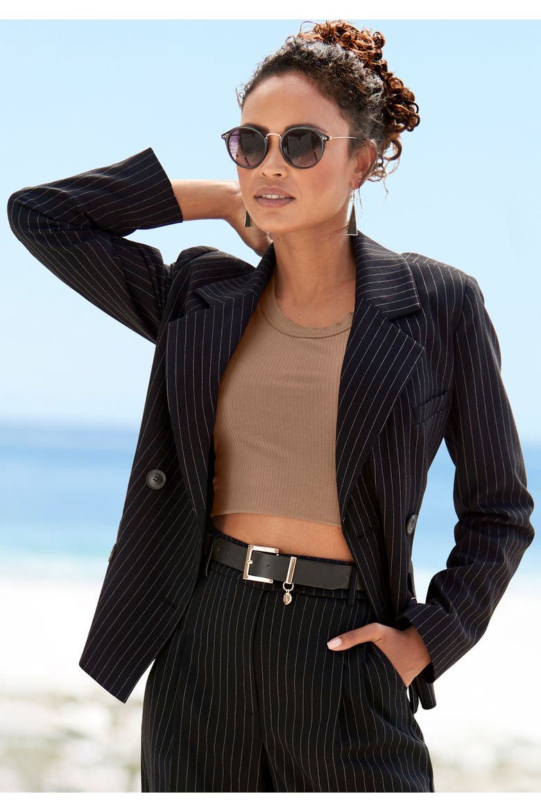 Double Breasted Blazer, Alternate, color, Black & Brown