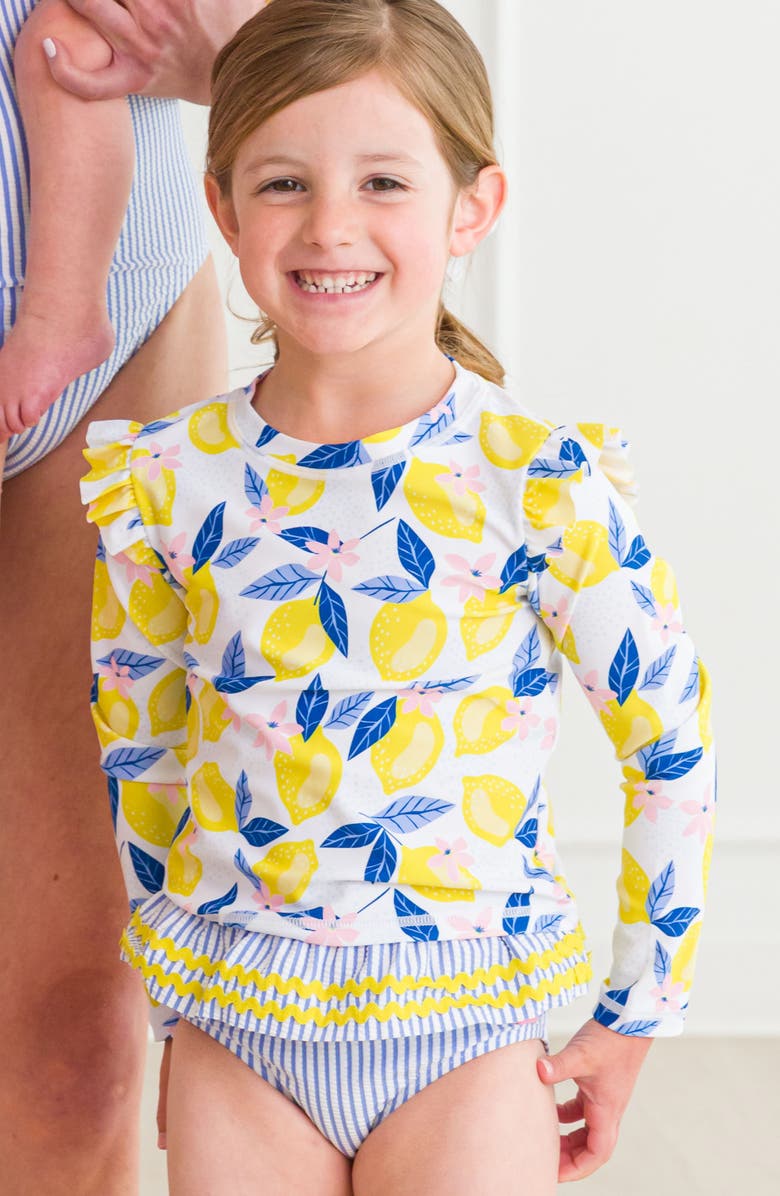 RuffleButts Kids' Lemon Capri Ruffle Long Sleeve Two-Piece Rashguard Swimsuit, Alternate, color, Yellow