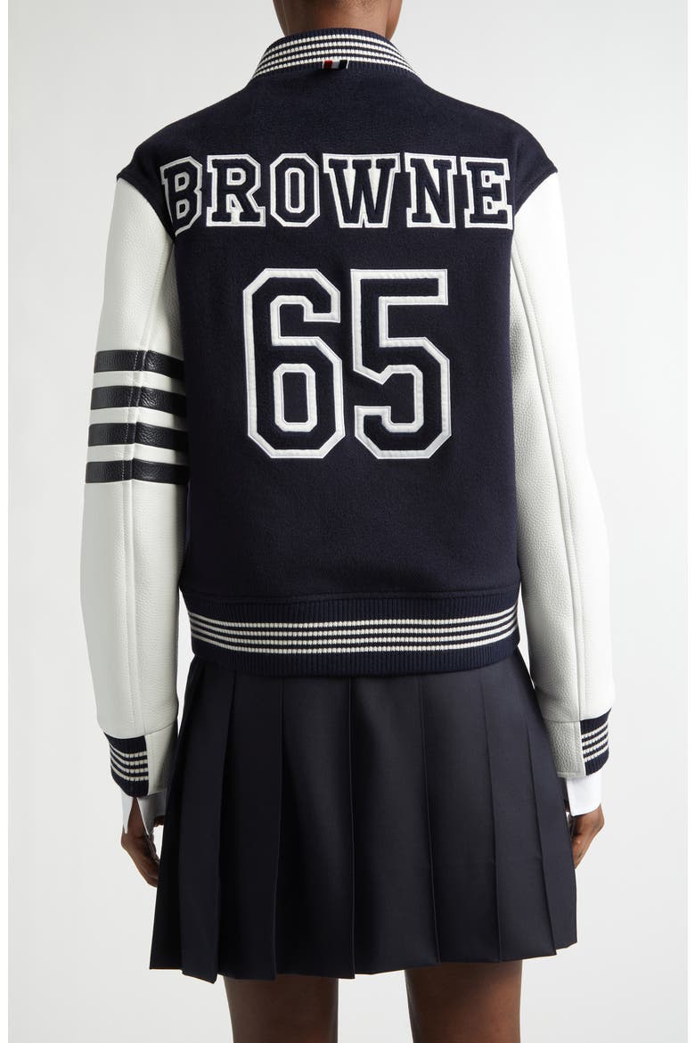 4-Bar Wool & Leather Varsity Jacket, Alternate, color, NAVY