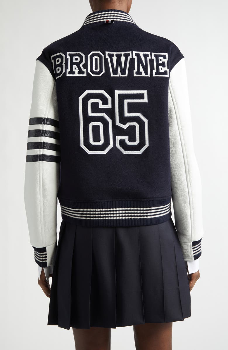 Thom Browne 4-Bar Wool & Leather Varsity Jacket, Alternate, color, Navy