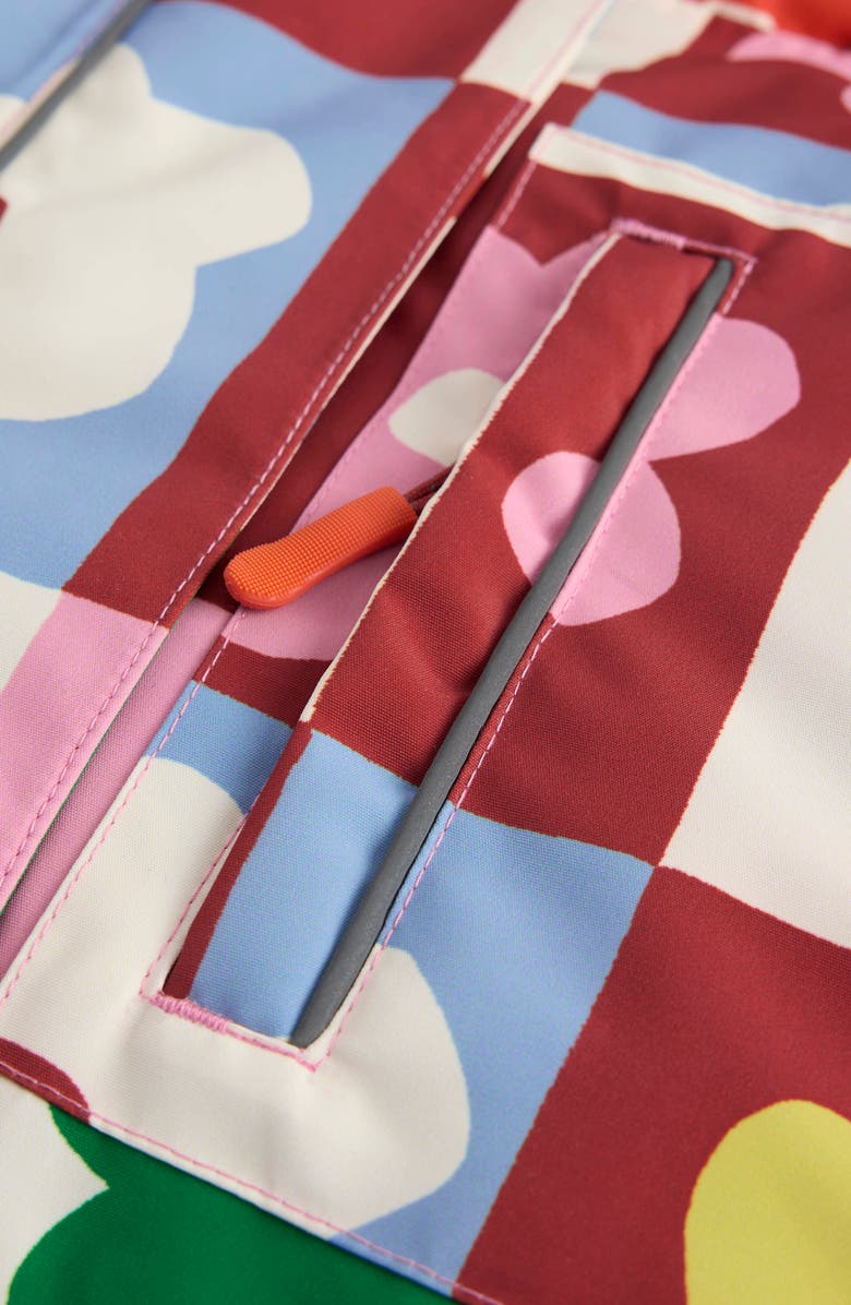 Mini Boden Kids' All Weather Faux Fur Trim Hooded Waterproof Coat, Alternate, color, Multi Flower Check