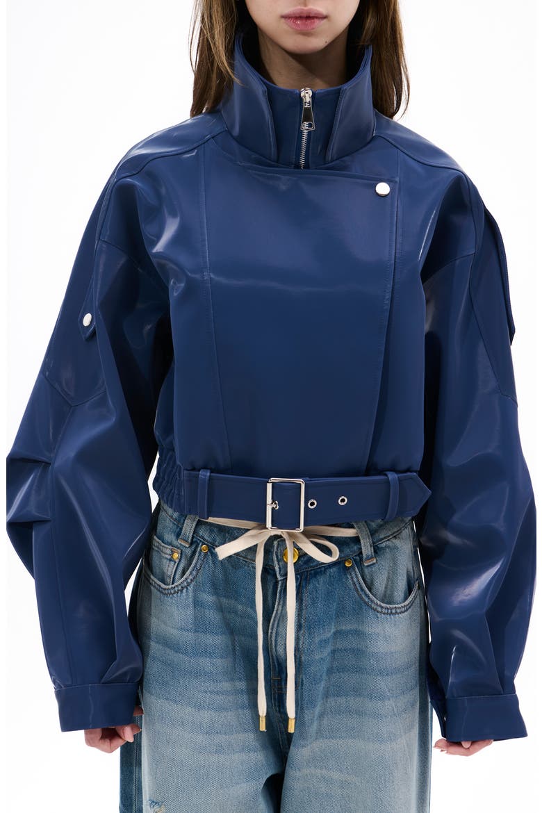 Liquid Luxe Shiny Bomber Jacket, Main, color, BLUE