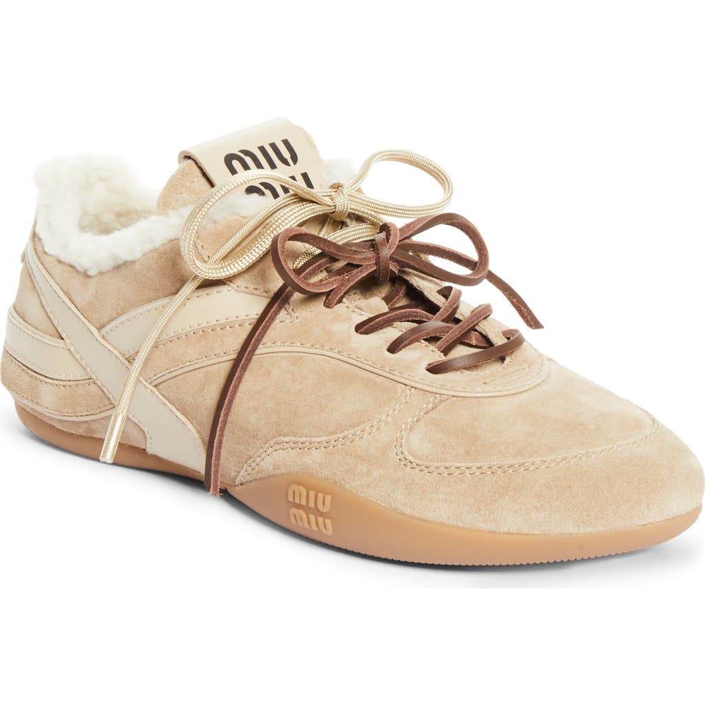 Miu Miu Gymnasium Genuine Shearling Lined Sneaker in Deserto at Nordstrom, Size 35