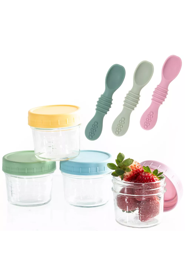 Glass Baby Food Storage Jars and Silicone Baby Spoons Set, Alternate, color, Tan