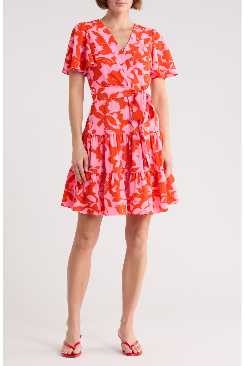 Floral Short Sleeve Fit & Flare Dress, Main, color, PINK