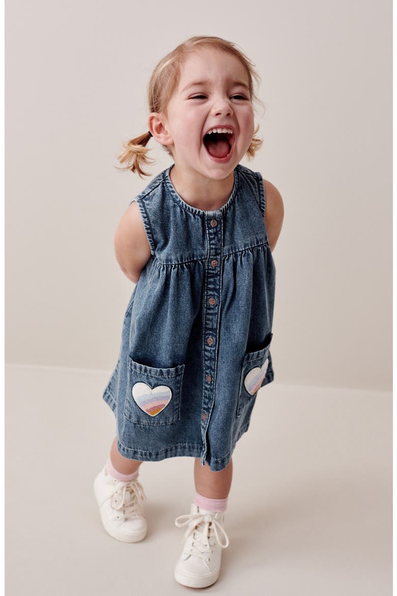 Kids' Heart Appliqué Sleeveless Cotton Denim Dress, Alternate, color, BLUE
