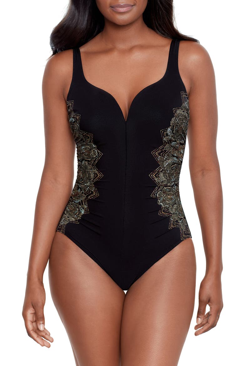 Petal Pusher Temptress One-Piece Swimsuit, Main, color, BLACK/ MULTI